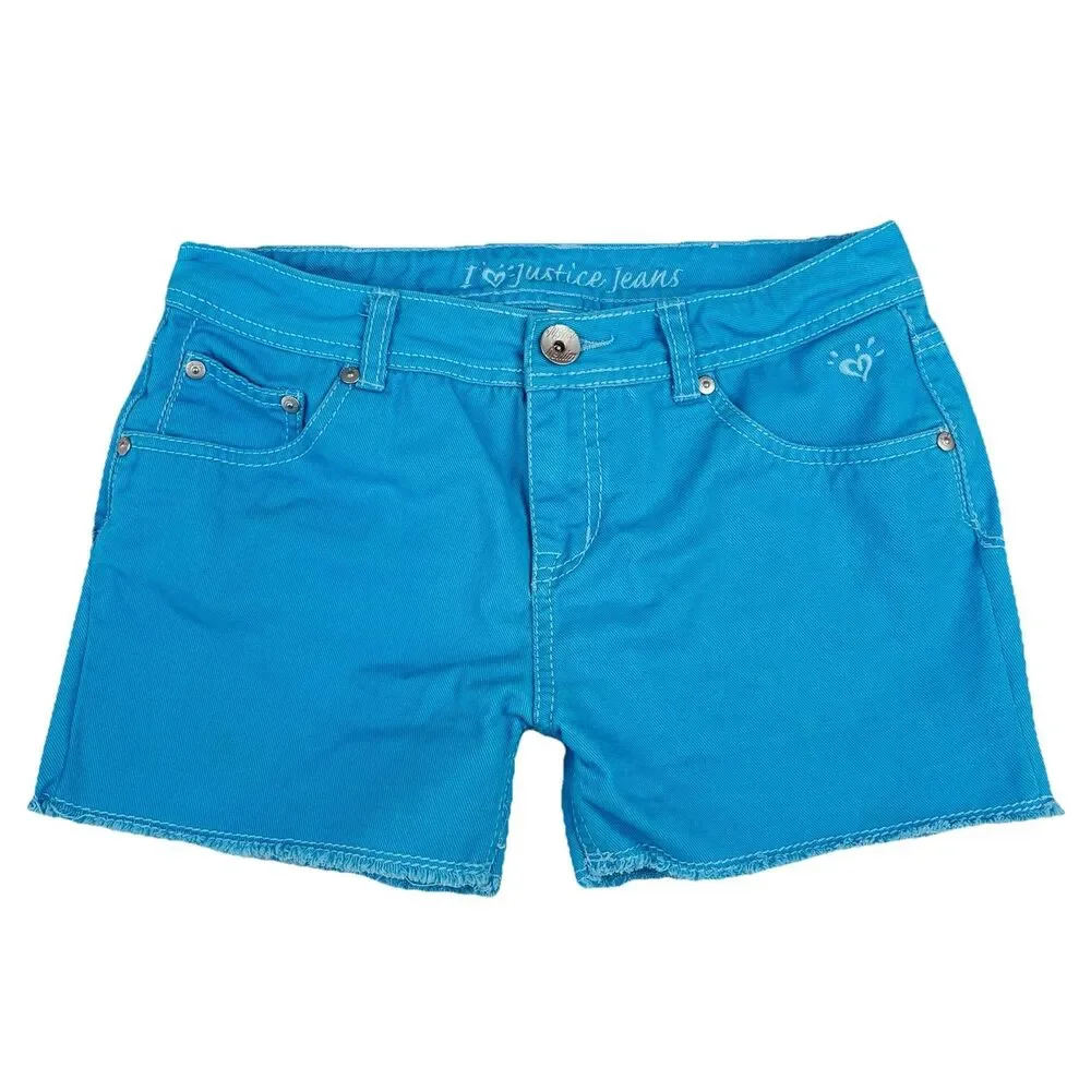 Vintage Y2K Justice Girls Denim Shorts 16R Turquoise Blue Raw Hem 3 inch Inseam